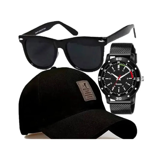 Combo Pack of 3 Stylish Dial Watch, Stylish Sport Baseball Cap & Stylish Aviator Wayfarer Sunglass for Men's and Boy's (Pack of 3)